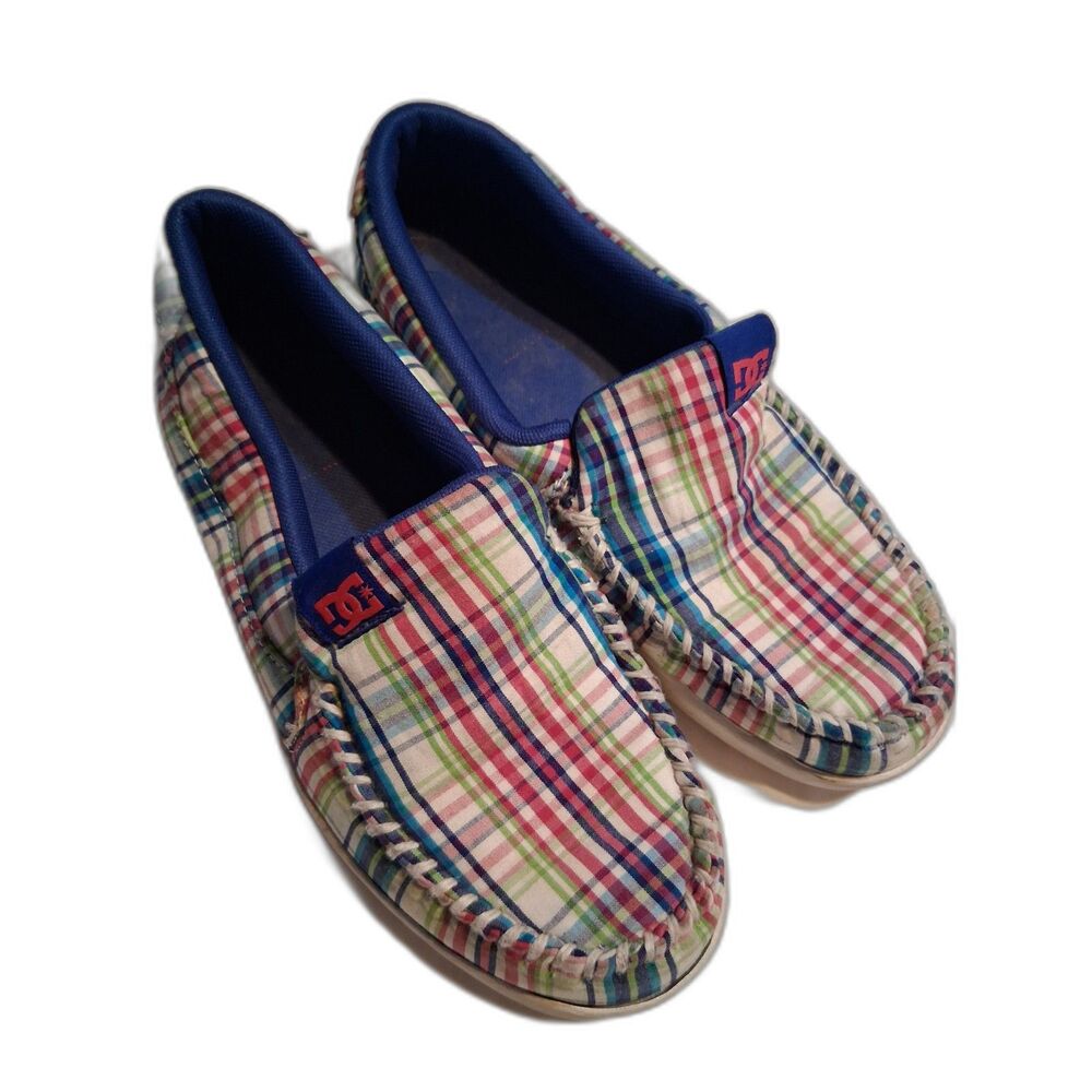 DC Shoes Multi Plaid Slip On Canvas Skate Shoes Loafers Sneakers Size 7